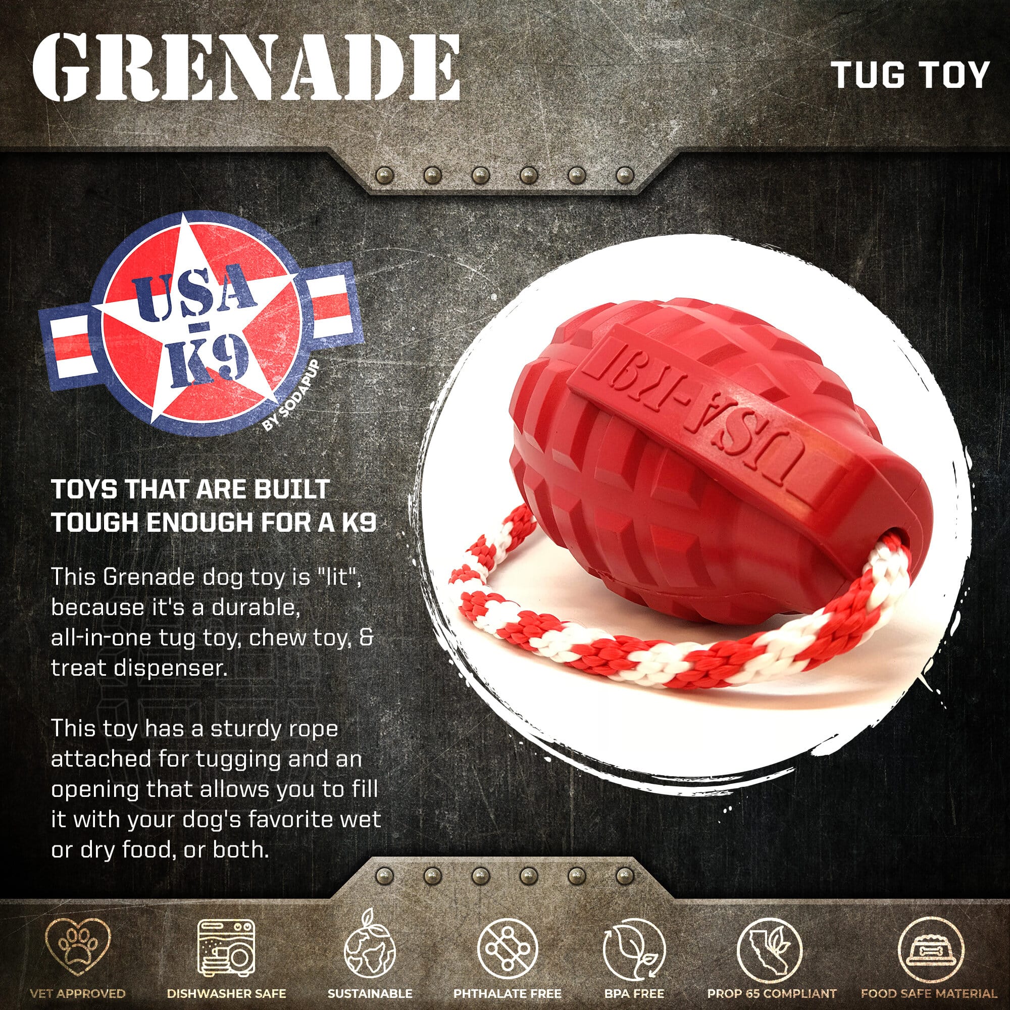 USA-K9 Grenade Rubber Dog Chew Toy | K9 Handler Reward Toy | Blue | USA Made